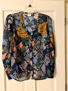 CAbi Navy Floral & Snake-Print Button-Front Blouse with Gold Accents